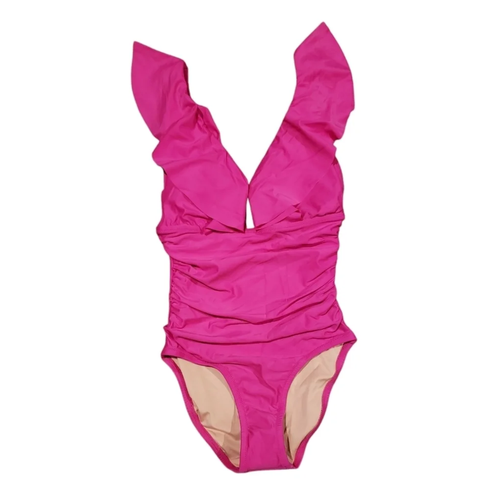 J. Crew Pink Ruffle One Piece Swimsuit - Picture 2 of 3